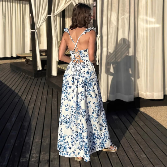 Damen Maxikleid mit floralen Mustern und seitlichem Schlitz EB