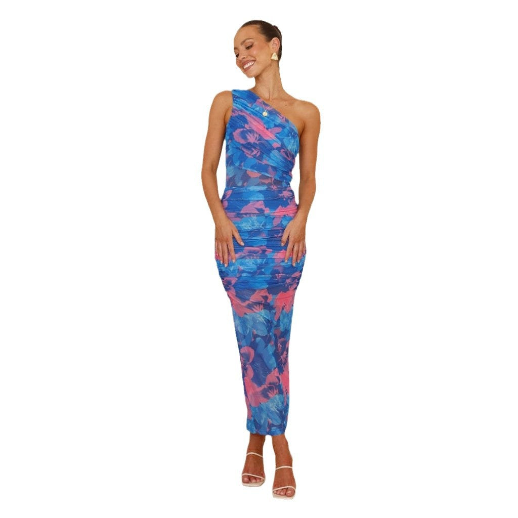 Damen Maxikleid mit verspieltem asymmetrischen Schnitt und floralen Rüschen EB