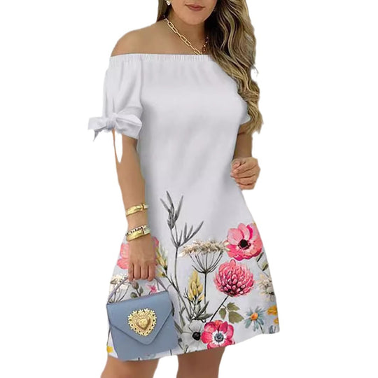 Damen Off-Shoulder Blumenkleid mit Rüschendetails und A-Linien-Schnitt EB