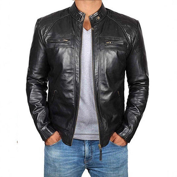 Herren Lederjacke mit Stehkragen und Ziernähten EB