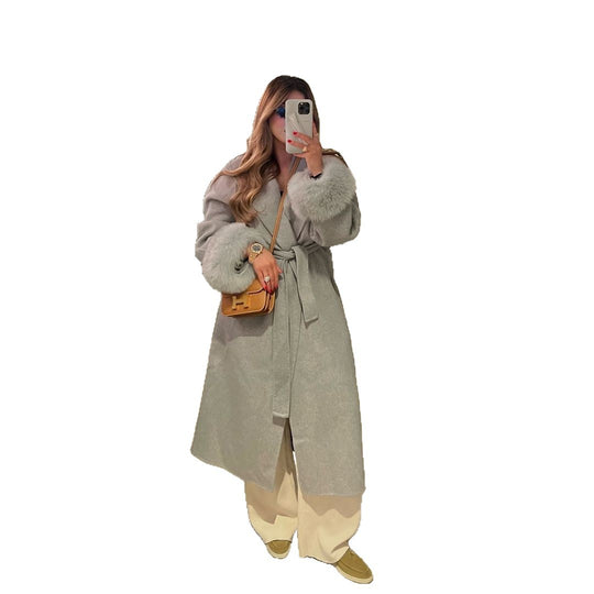 Damen Elegante Langjacke mit abnehmbaren Fuchsärmeln EB