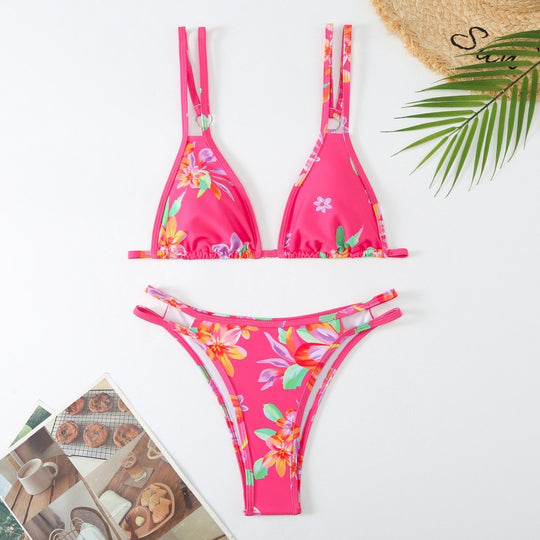 Damen Triangel-Bikini mit verspieltem Blumenmuster und raffinierten Schnürdetails EB