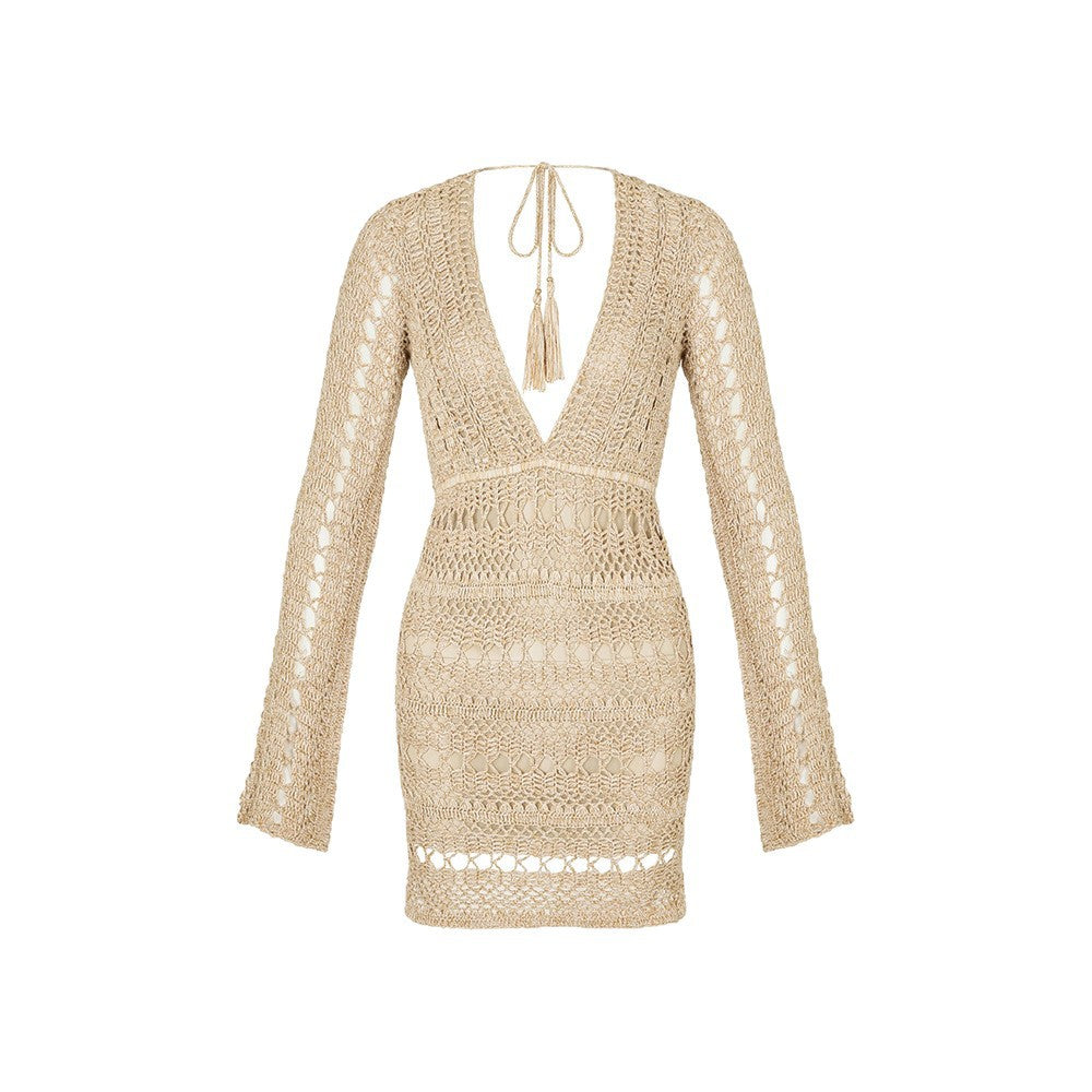 Damen gehäkeltes Strandkleid mit tiefem V-Ausschnitt und langem Arm EB