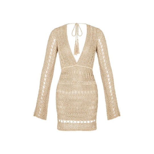 Damen gehäkeltes Strandkleid mit tiefem V-Ausschnitt und langem Arm EB