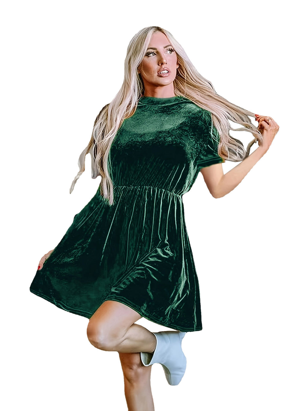 Damen Samtige Kurzarm-Kleid mit tailliertem Schnitt und A-Linien-Rock EB