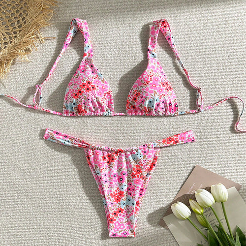 Damen Triangel-Bikini mit verstellbaren Trägern und floralem Design EB