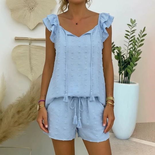 Damen luftiges Freizeit-Set mit Rüschen und Kordelzug EB