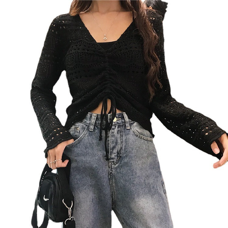 Damen Strickoberteil mit trendigem Lochmuster und verstellbarem Kordelzug EB