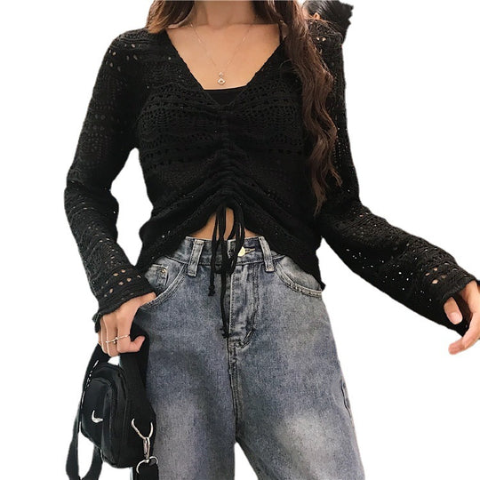 Damen Strickoberteil mit trendigem Lochmuster und verstellbarem Kordelzug EB