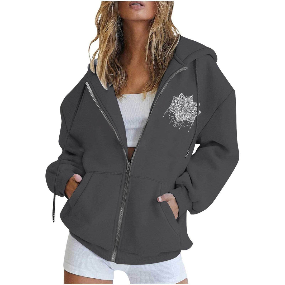 Damen nan oversized Kapuzenjacke mit Frontreißverschluss, Kängurutaschen und stilisiertem Sonnenblumenprint EB
