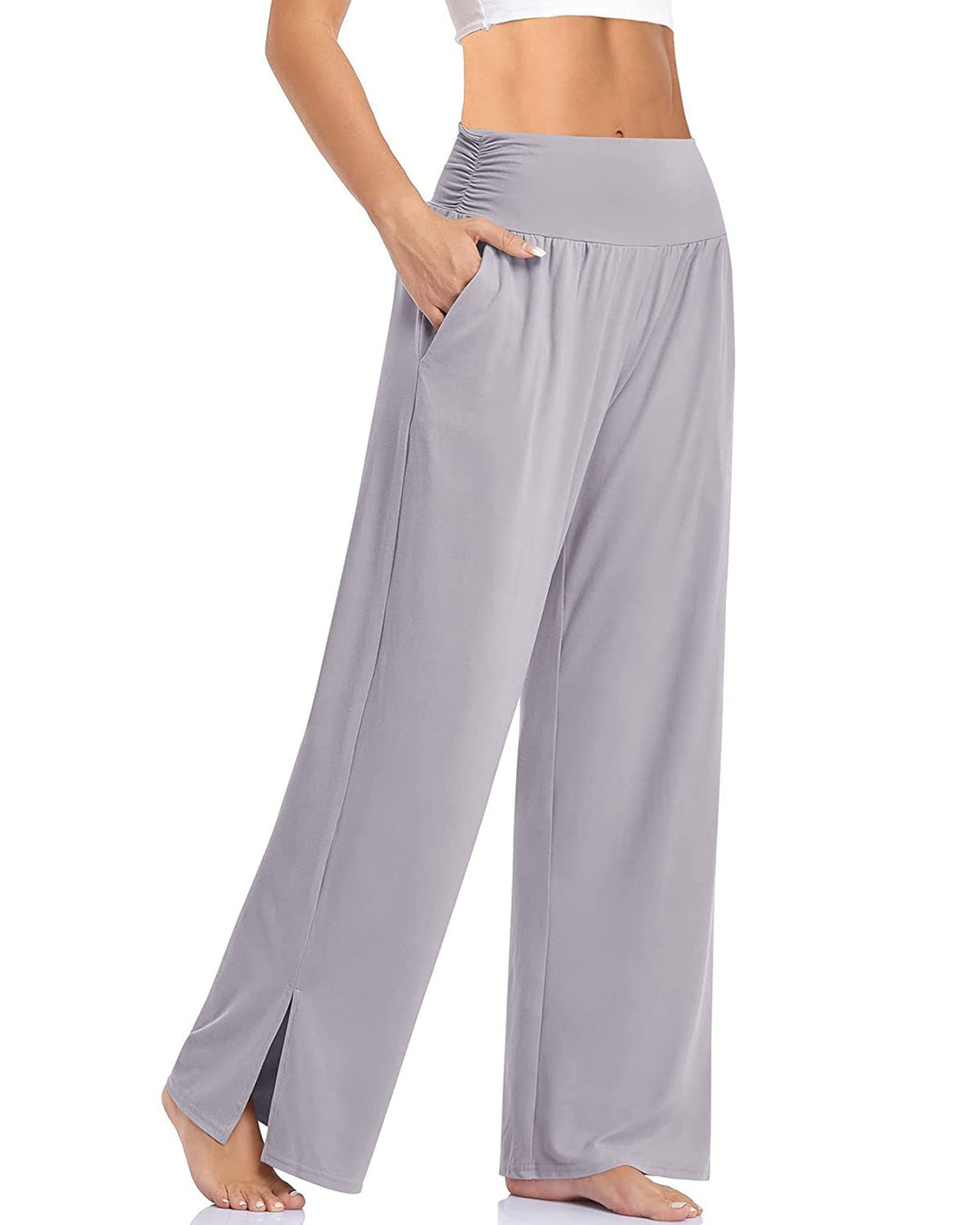 Damen nan weite Yogahose mit hohem Komfortbund, seitlichen Eingrifftaschen und seitlichem Bein-Schlitz EB