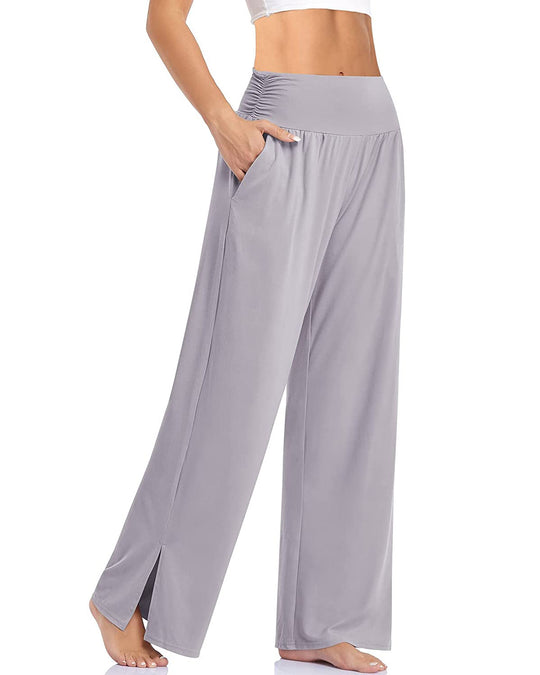 Damen nan weite Yogahose mit hohem Komfortbund, seitlichen Eingrifftaschen und seitlichem Bein-Schlitz EB