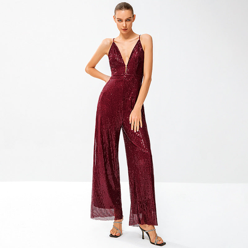 Damen Glitzernder Jumpsuit mit tiefem V-Ausschnitt und weitem Beinschnitt EB
