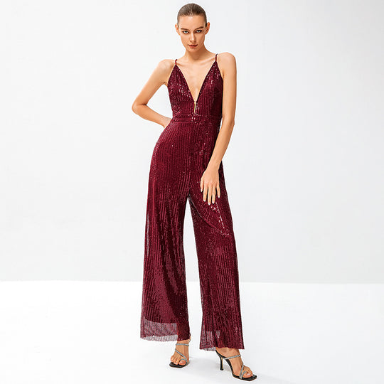 Damen Glitzernder Jumpsuit mit tiefem V-Ausschnitt und weitem Beinschnitt EB