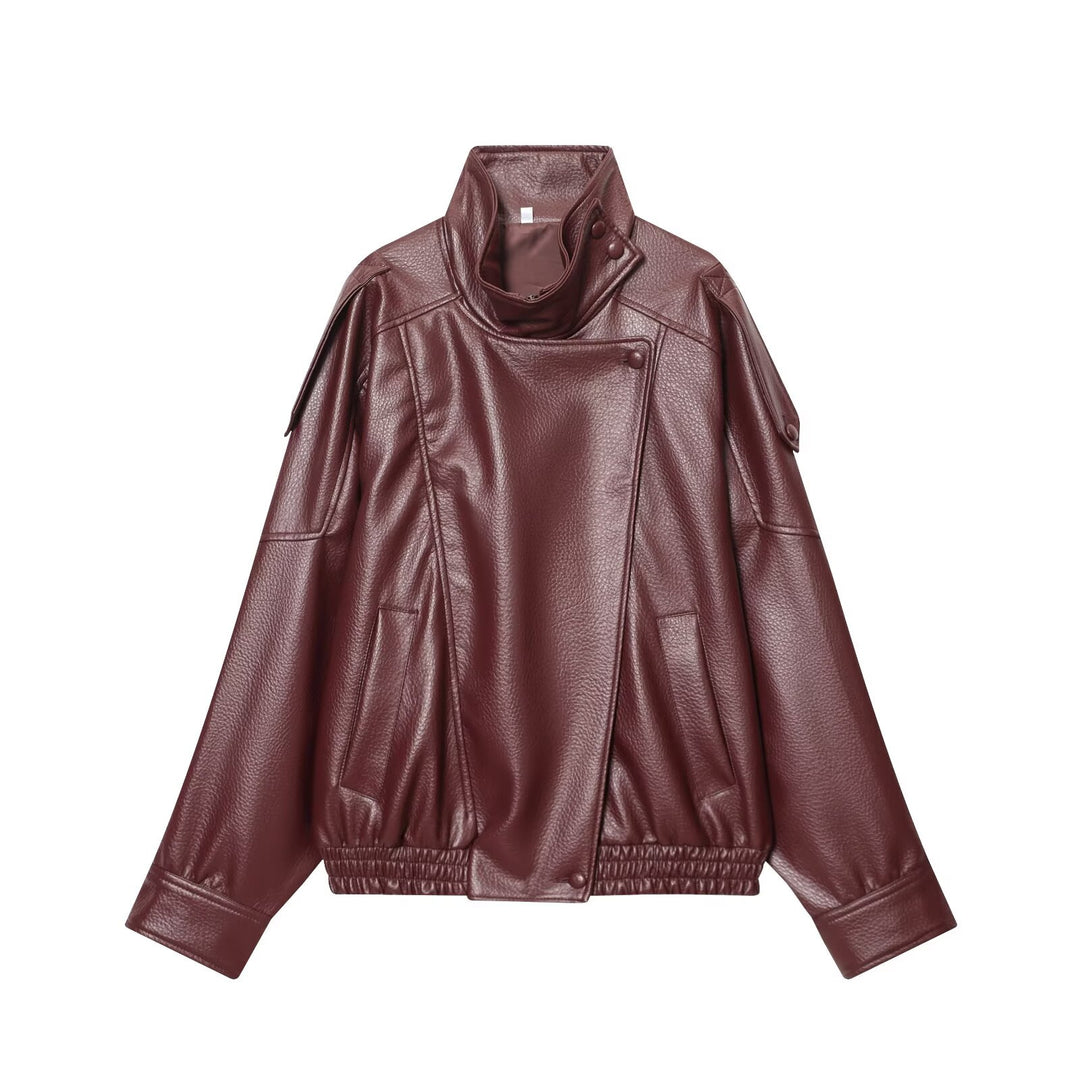 Damen nan Kunstleder-Bomberjacke mit hohem Stehkragen, asymmetrischer Druckknopfleiste und elastischem Saum EB