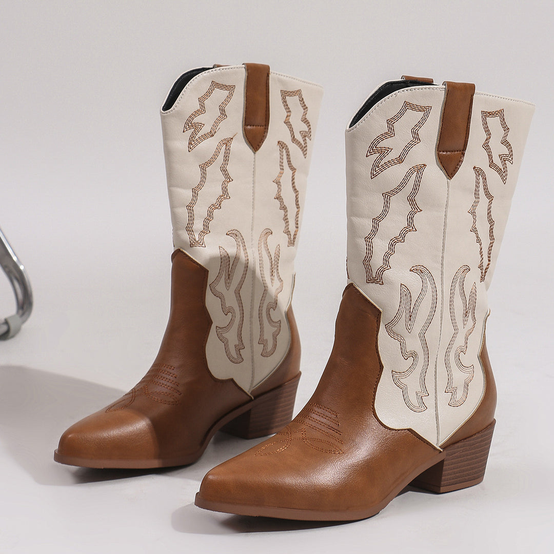 Damen nan Cowboystiefel im Westernstil mit mittelhohem Blockabsatz spitzer Zehenkappe und dekorativer Stickerei EB