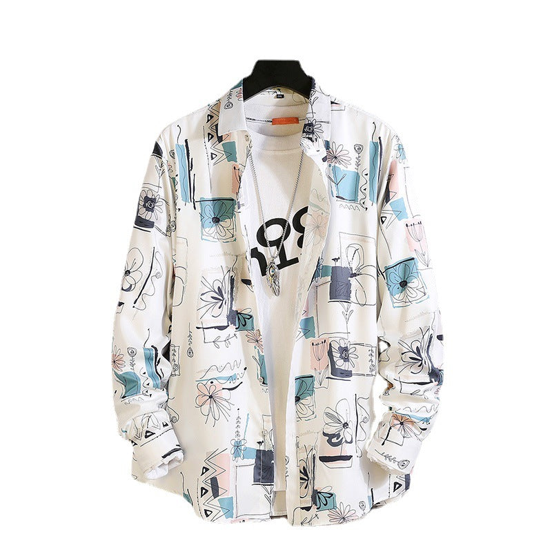 Herren nan langärmliges Hemd mit offenem Reverskragen, kontrastivem Blumenprint und lässiger Regular-Fit Silhouette EB