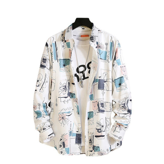 Herren nan langärmliges Hemd mit offenem Reverskragen, kontrastivem Blumenprint und lässiger Regular-Fit Silhouette EB