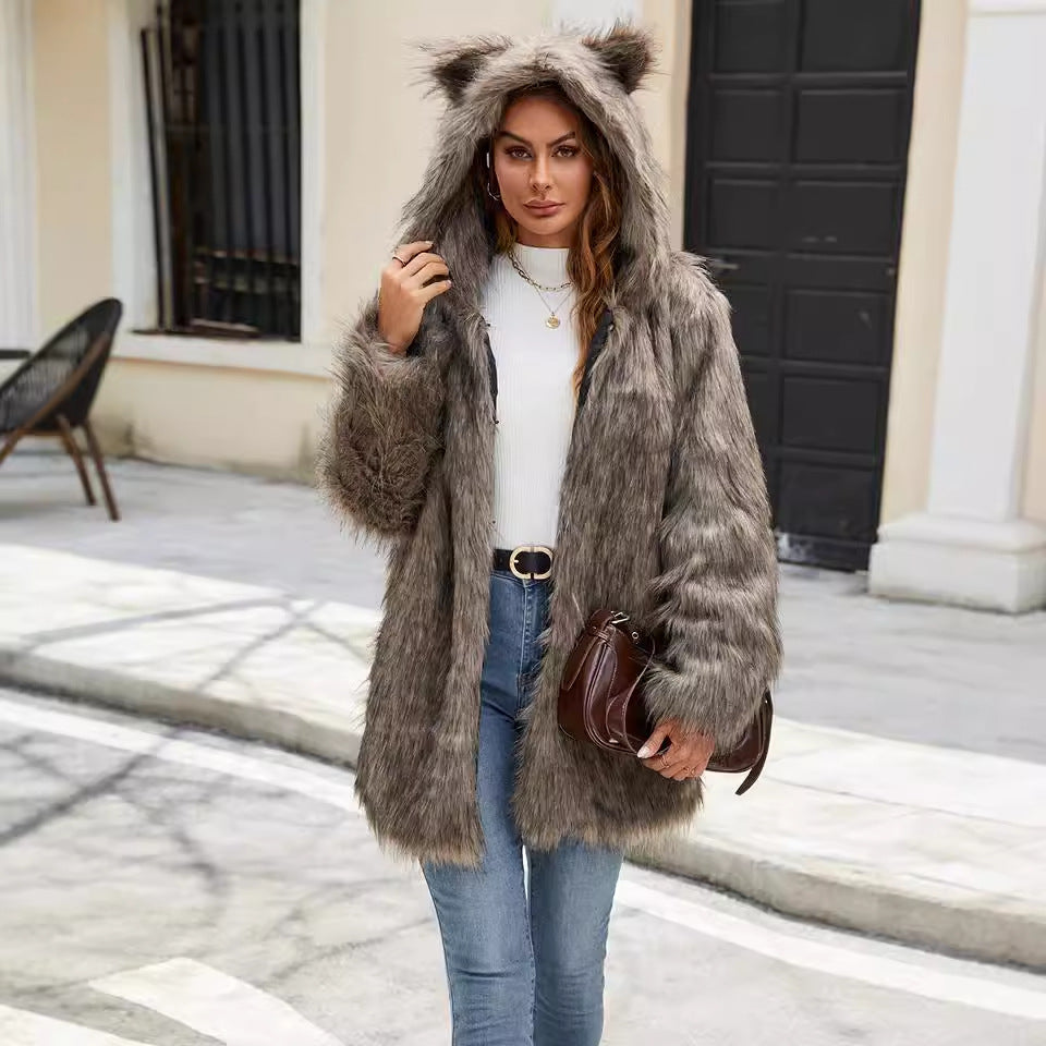 Damen kuschelige Felljacke mit Katzenohren EB