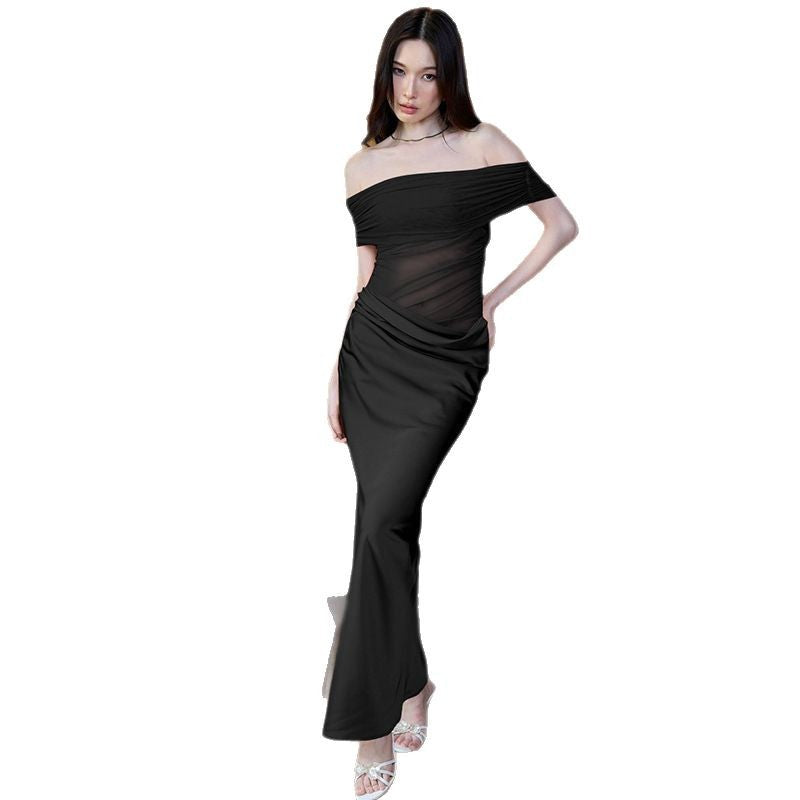Damen Elegantes schulterfreies Maxikleid mit fließendem Rock EB