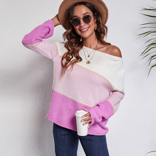 Damen Off-Shoulder Strickpullover mit modernen Farbblock-Design EB