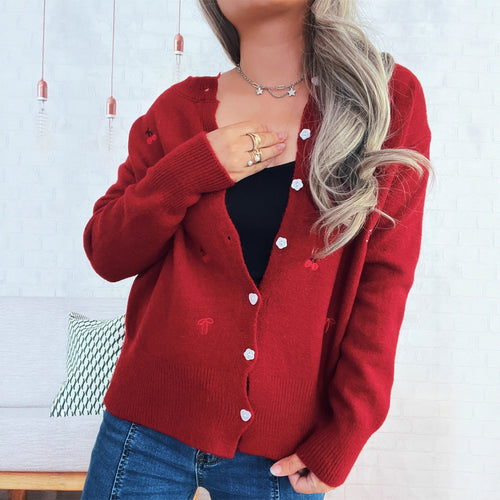 Damen Strickjacke mit liebevollem Blumen- und Kirschdesign EB