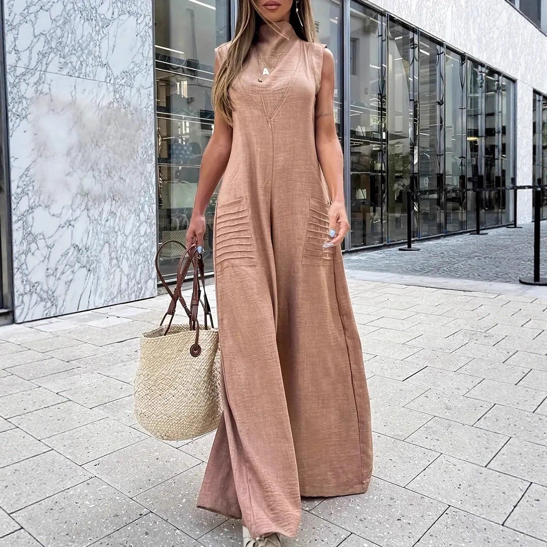 Damen luftiger Maxijumpsuit mit dekorativen Falten und seitlichen Taschen EB