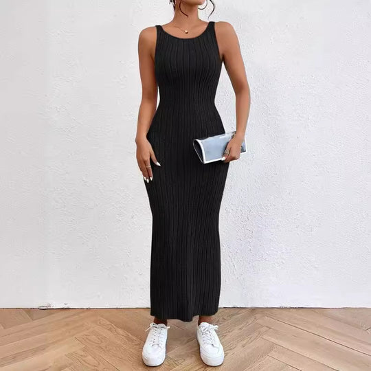 Damen figurbetontes Langarm-Maxikleid mit Rippenstruktur und Rundhalsausschnitt EB