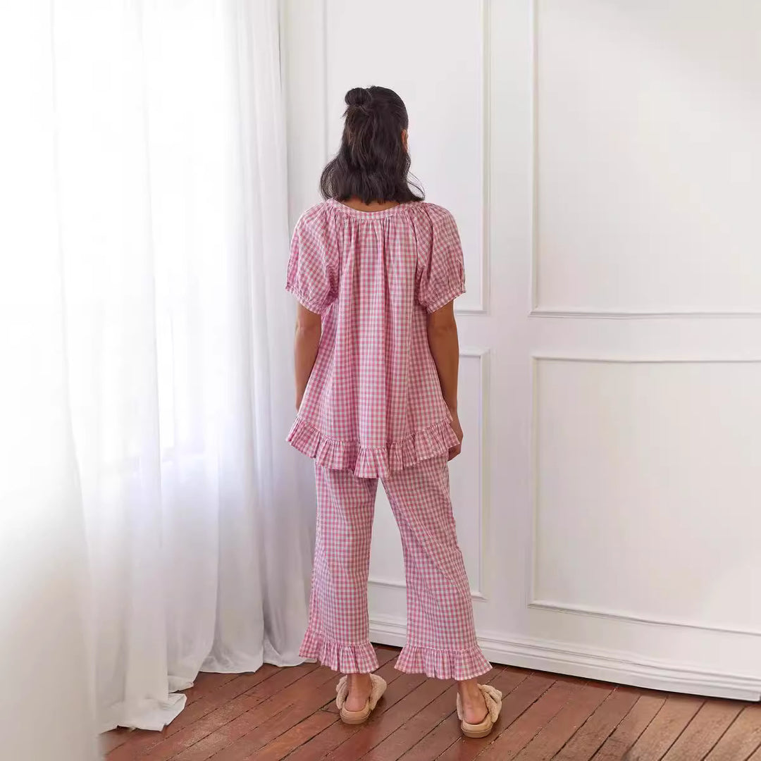 Damen Pyjama-Set mit Rüschen und Karomuster EB