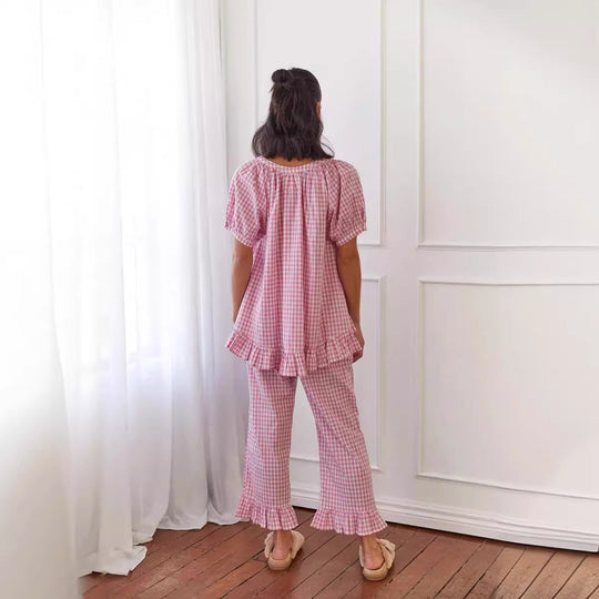 Damen Pyjama-Set mit Rüschen und Karomuster EB