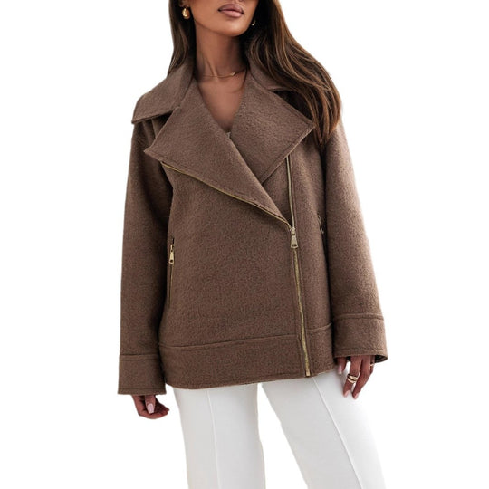 Damen stylische Wolljacke mit asymmetrischem Reißverschluss und großem Kragen EB