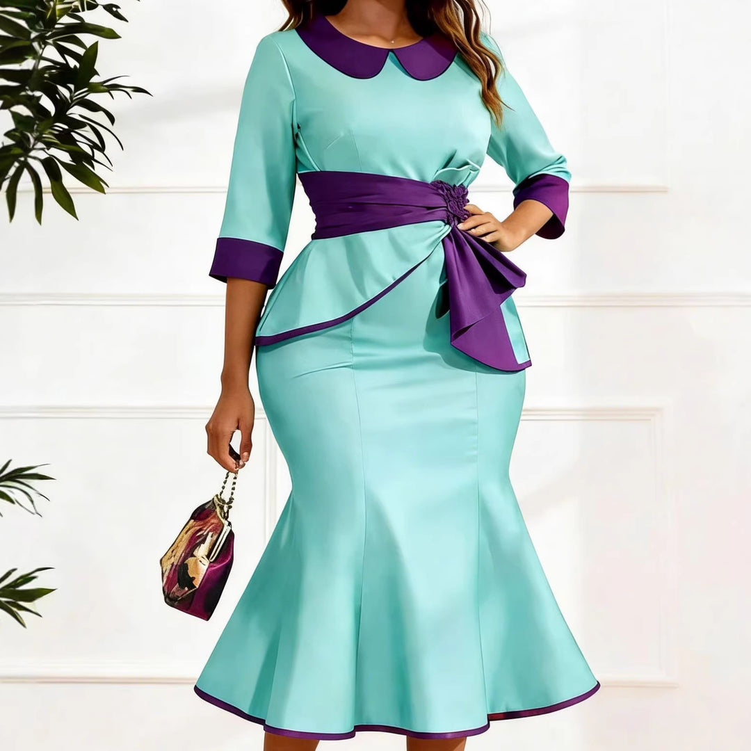Damen elegantes Kleid mit modischem Kragen und asymmetrischem Taillendetail EB