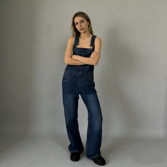Damen nan weiche Denim-Latzhose mit weitem Bein, verstellbaren Trägern und Pattentasche EB