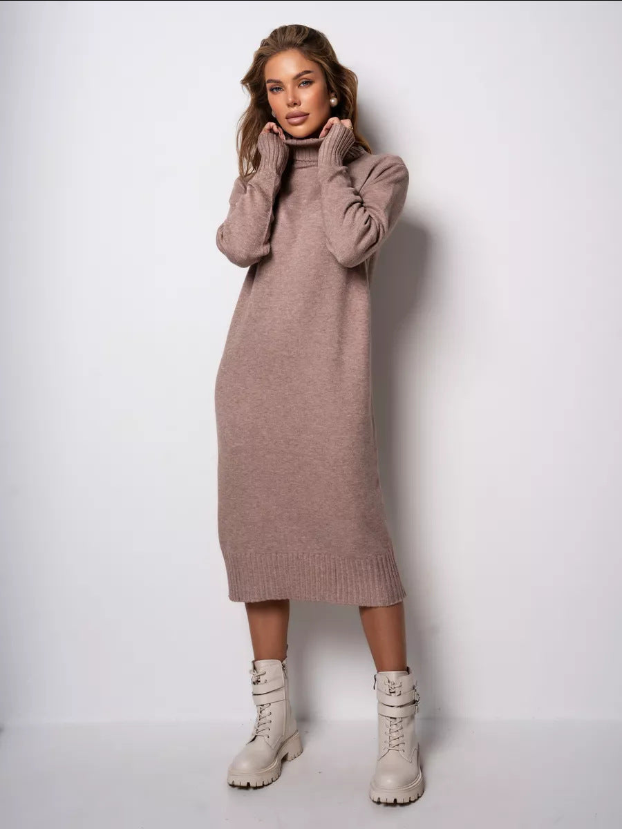 Damen Strickkleid mit Stehkragen und seitlichen Schlitzen EB