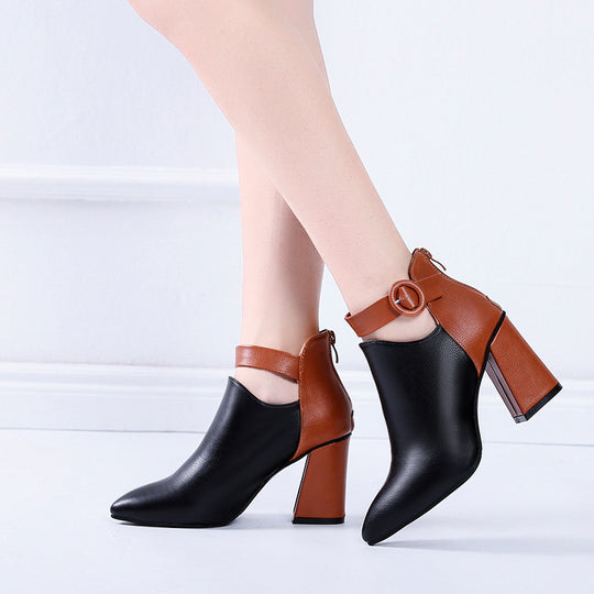 Damen elegante Ankle Boots mit stilvollem Blockabsatz und dekorativem Riemen EB