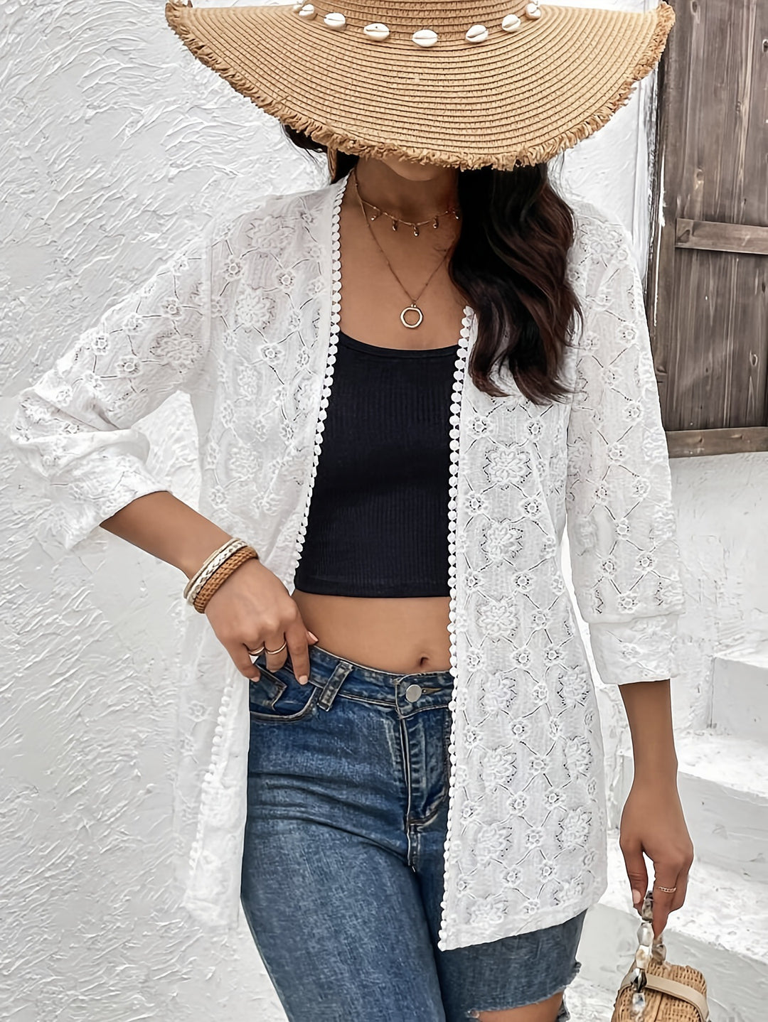 Damen nan luftiger Spitzenkimono Strandcardigan mit gehäkelter Bordüre EB