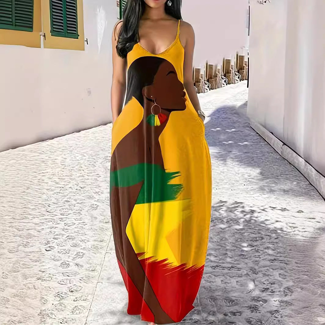 Damen Maxikleid mit künstlerischem Grafikdruck und tiefem V-Ausschnitt EB
