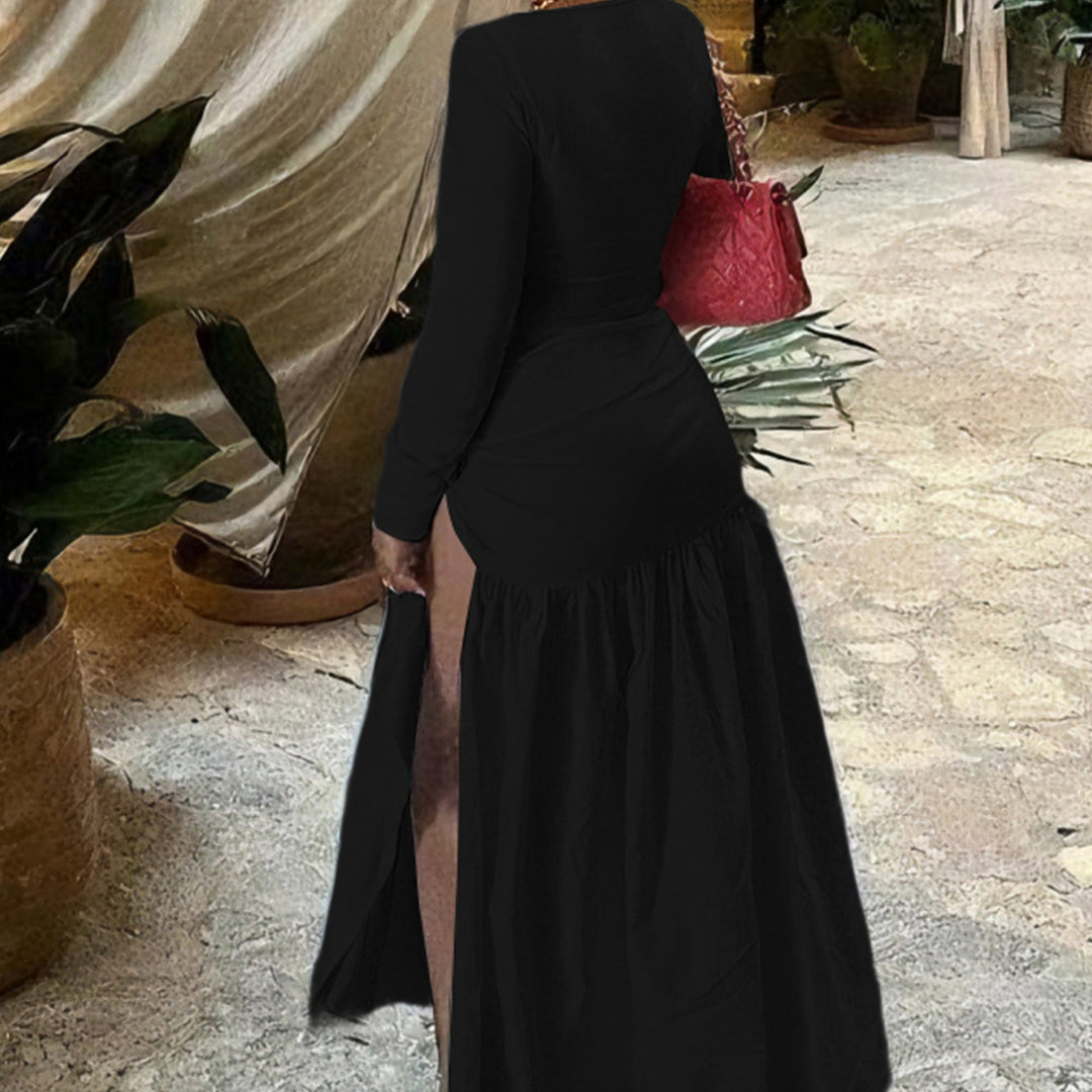 Damen Elegantes Maxikleid mit tiefem V-Ausschnitt und seitlichem Schlitz EB