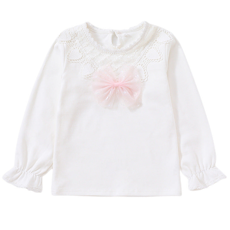 Mädchen Langarmshirt mit niedlicher Spitzenverzierung und Schleifendekor EB