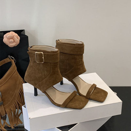 Damen elegante Ankle Boots mit modischem Riemen und hohem Absatz EB