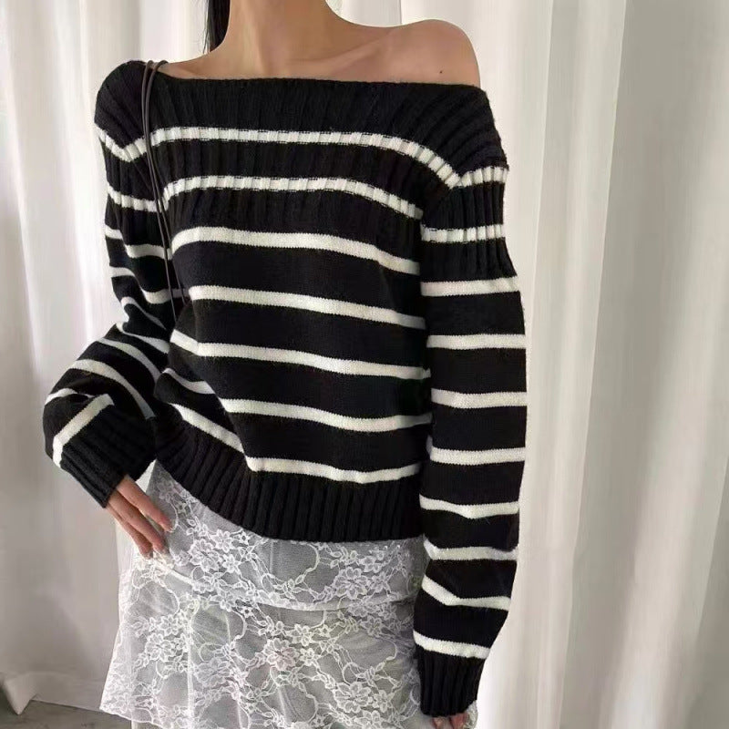 Damen Off-Shoulder Streifenpullover mit Rippstruktur EB