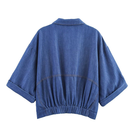 Damen lässiges Denim-Set mit Crop-Bluse und elastischen Hosen EB
