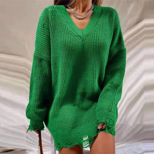 Damen Grobstrick Pullover mit V-Ausschnitt und lässigem Schnitt EB