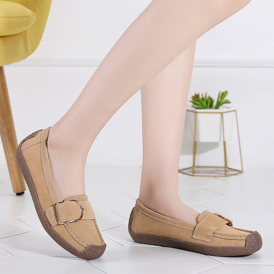 Damen nan Mokassin-Slipper aus Veloursleder mit dekorativer Metallschnalle, gepolstertem Fußbett und rutschfester Gummilaufsohle EB