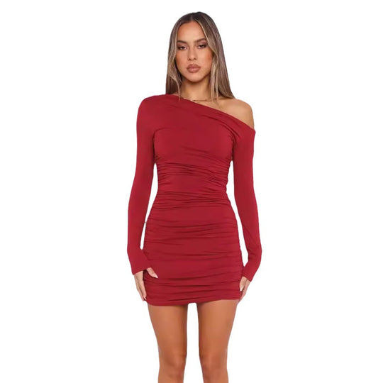 Damen figurbetontes Raffungskleid mit asymmetrischem Design und langen Ärmeln EB