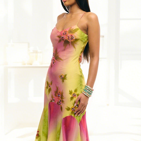 Damen Elegantes Maxikleid mit floralen Applikationen und asymmetrischem Saum EB