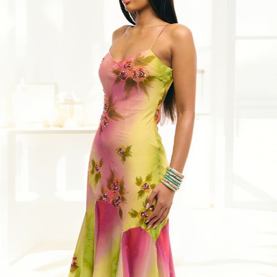 Damen Elegantes Maxikleid mit floralen Applikationen und asymmetrischem Saum EB