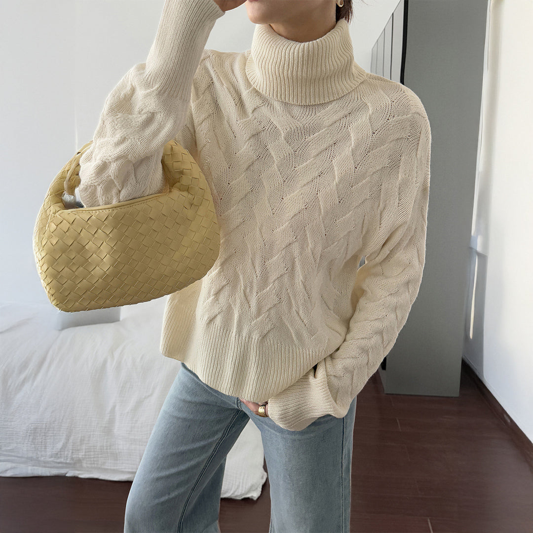 Damen nan grobstrick Rollkragenpullover mit Zopfstruktur, oversized Schnitt und längeren Ärmeln EB