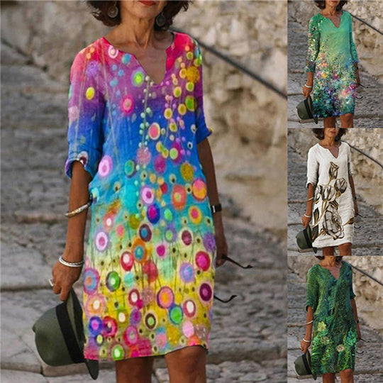 Damen Freizeitkleid mit floralem Design und V-Ausschnitt EB