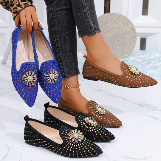 Damen elegante Ballerinas mit funkelndem Blumenapplikation EB